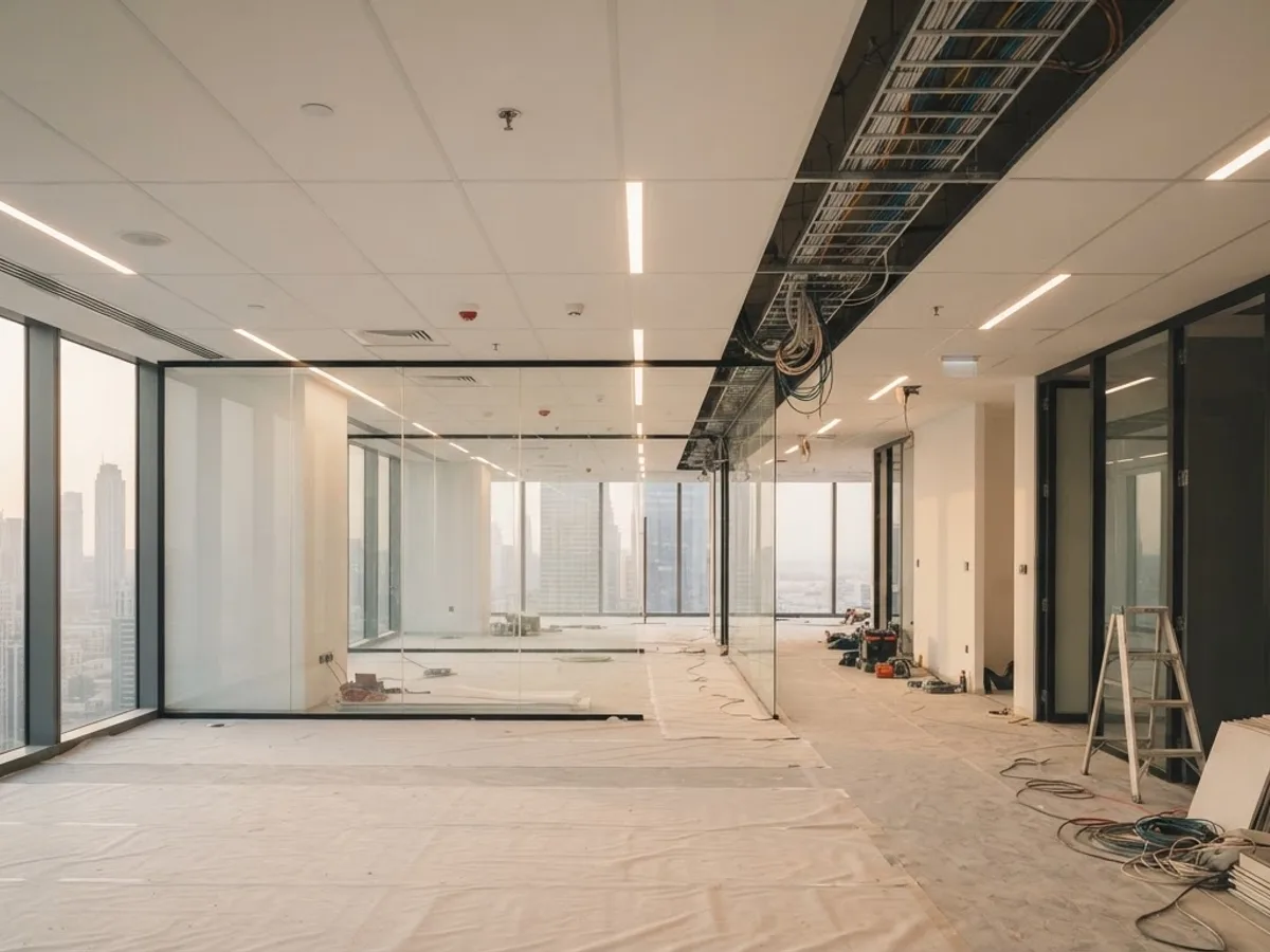Open-plan office fit-out nearing completion, with newly installed glass partitions, a white suspended ceiling with linear LED lighting, and data cabling dressed into an exposed ceiling tray