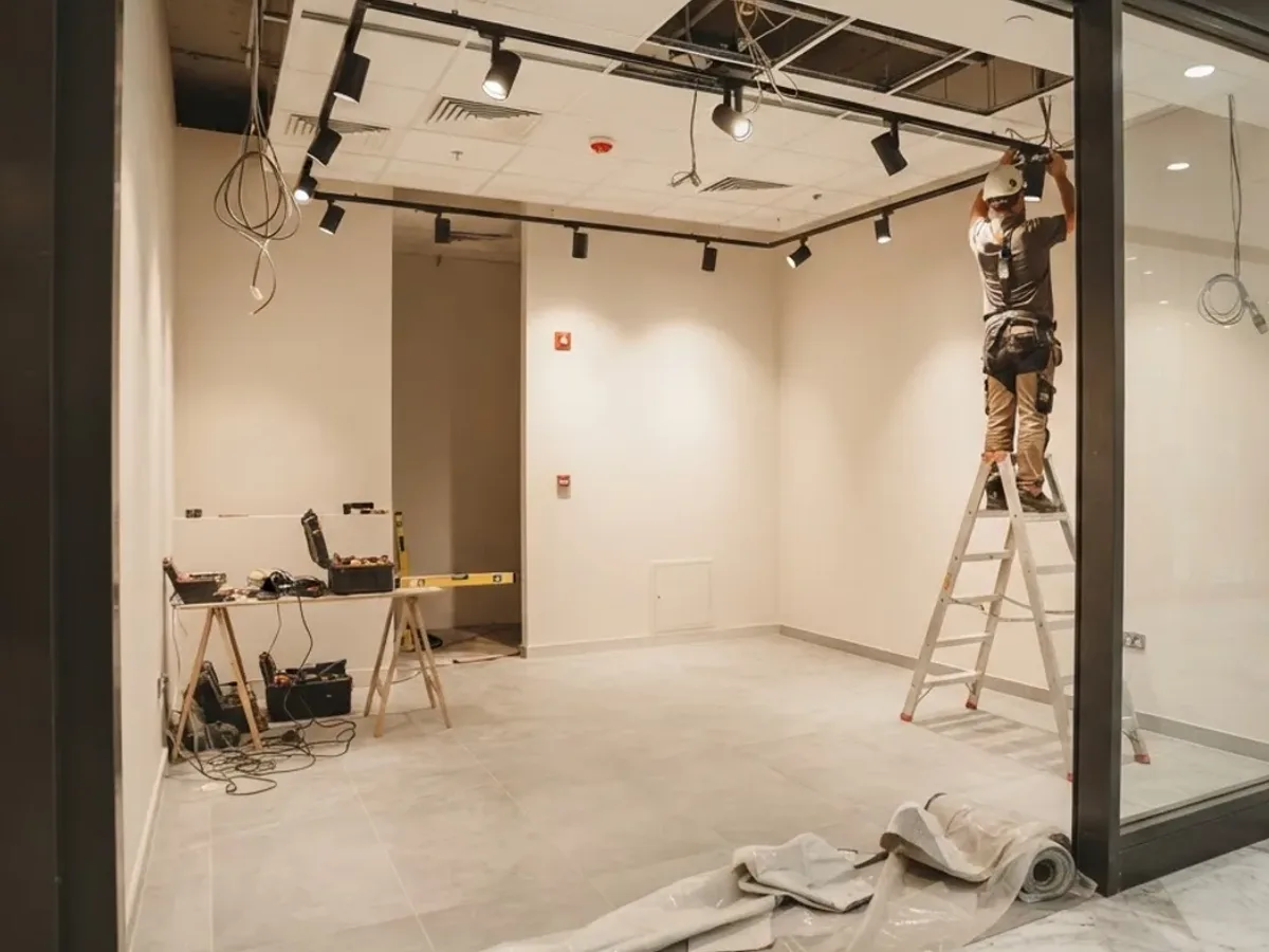 Retail unit being finished ahead of handover, with a glazed shopfront, large-format floor tiles and a technician completing track lighting from a step ladder