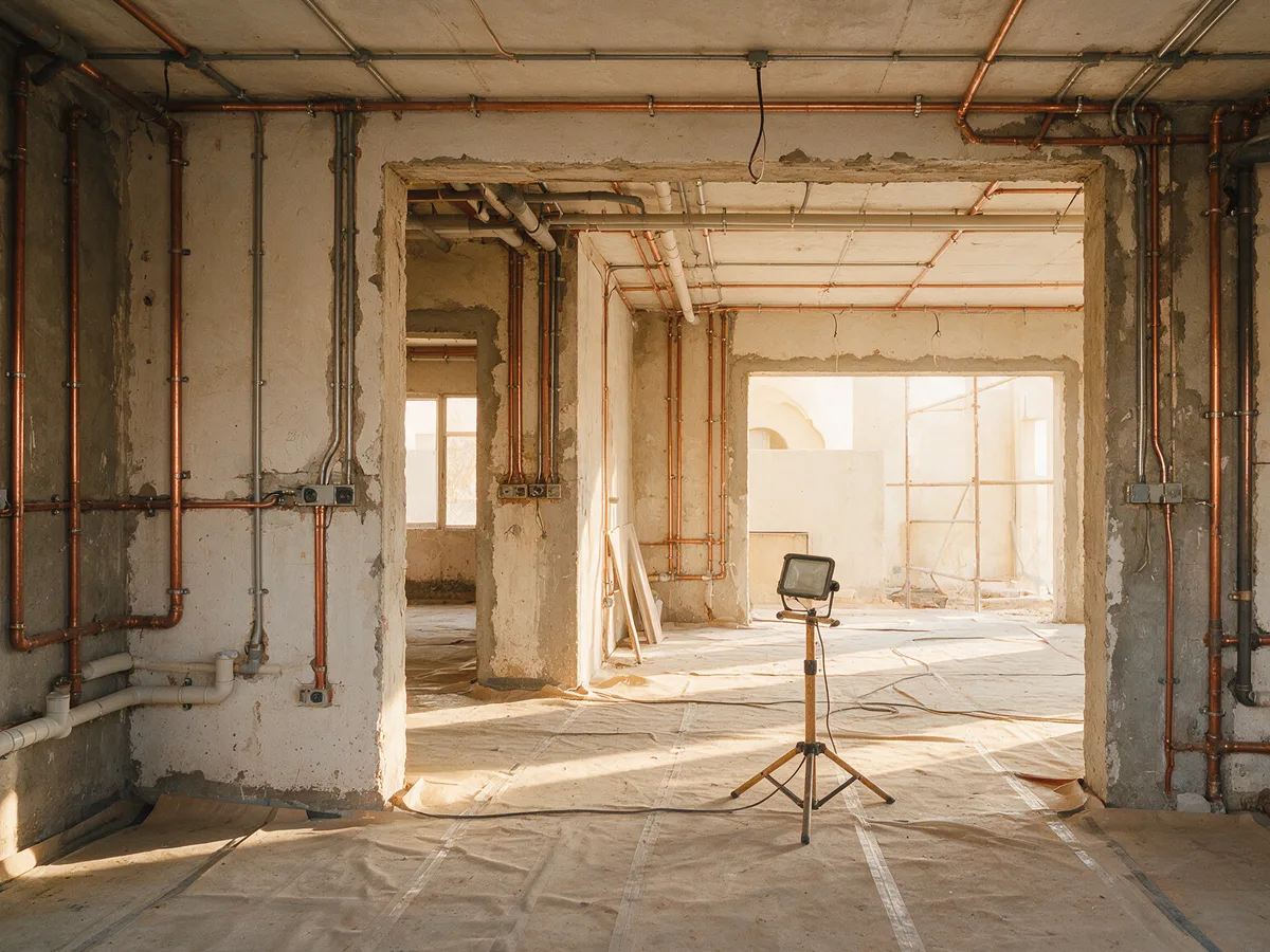 Interior of a villa mid-renovation with bare plaster walls and newly installed pipework and electrical conduit run in neat clipped lines